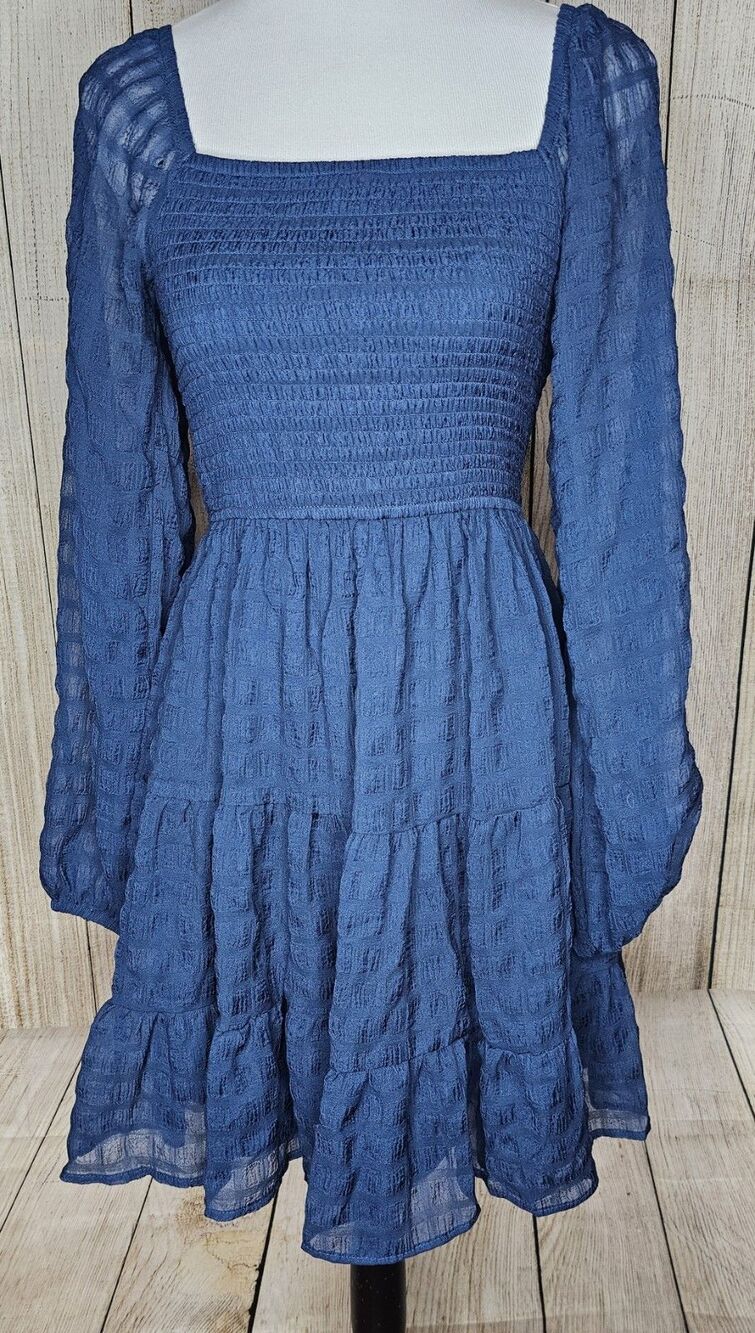 Rewind Blue Smocked Mini Dress Womens Small Long Sleeve Square Neck Tiered Boho